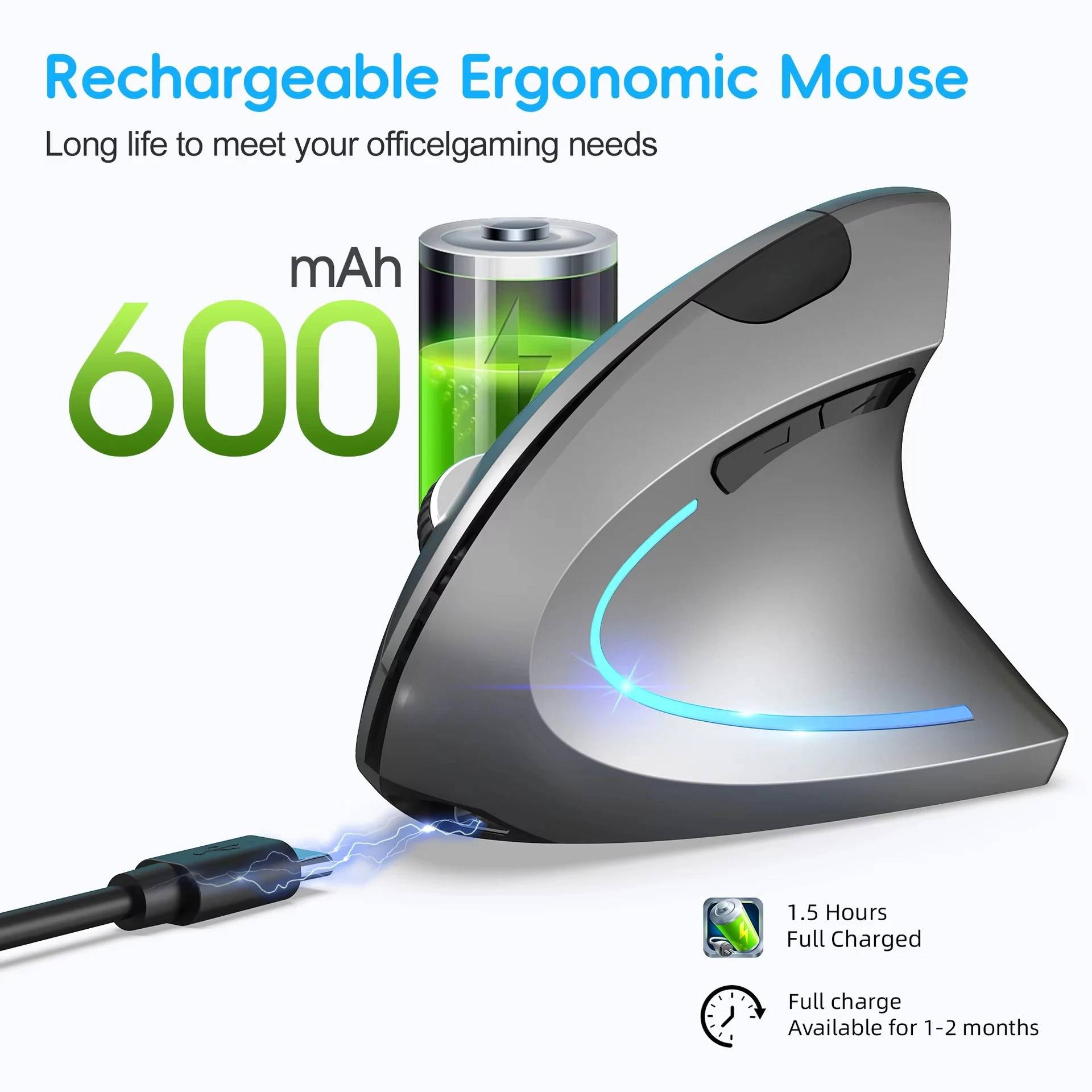 Vertical Ergonomic Gaming Mouse Wireless Rechargeable Gamer
